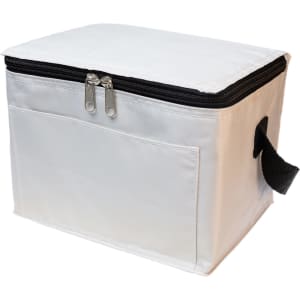 A white cooler bag with a zippered closure and a side handle. It features a front pocket and has a logo.