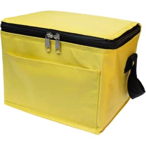 A bright yellow cooler bag with a zippered top and a side handle, featuring a pocket on the front.