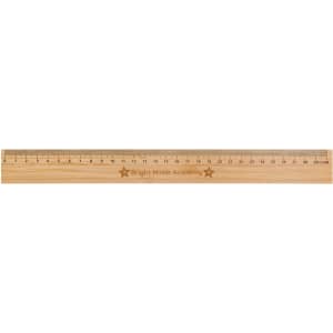 A bamboo 30cm ruler featuring engraved markings and a logo, in a natural wood colour.