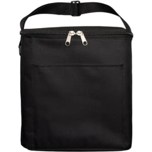 A black cooler bag with a zippered top and a front pocket. The bag features a sturdy handle for easy carrying.