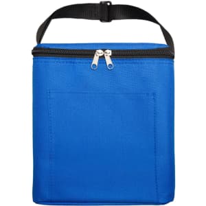A blue cooler bag features a zippered closure and a black handle for carrying. It includes a front pocket.