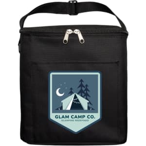 A black cooler bag with a zippered closure and a logo featuring a tent and trees.