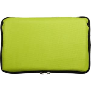 A green cooler bag with a zip closure.