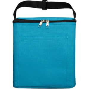A cooler bag in bright blue with a zipper closure and a black adjustable strap. It features a front pocket.