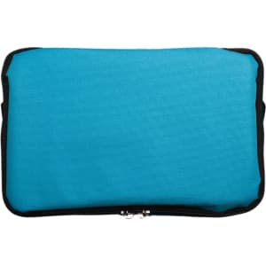 A cooler bag in a bright turquoise color with a zippered closure.