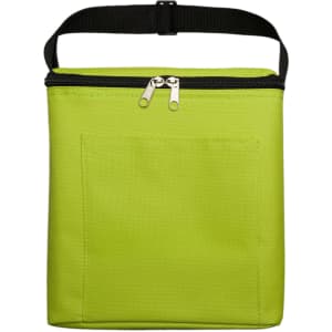 A green cooler bag with a zippered top and a front pocket, featuring a black carrying strap.