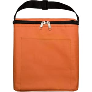 An orange cooler bag with a black strap and a front pocket, featuring a zipper closure.