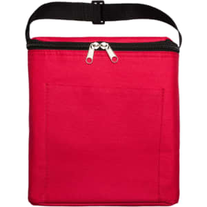 A red cooler bag with a zippered closure and a shoulder strap. The bag features a front pocket for additional storage.