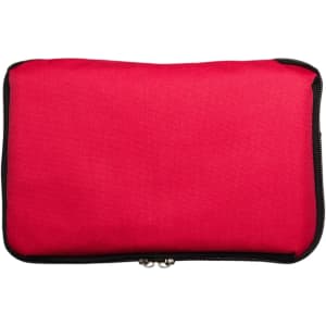A red cooler bag with a zippered closure, designed for keeping items cool.