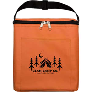 An orange cooler bag with a zipper, featuring a front pocket and a logo.