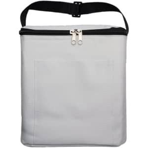 A grey cooler bag with a front pocket and a black adjustable strap. It features a zip closure and branding.
