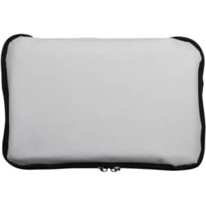 A gray cooler bag with a black zipper and trim, featuring a logo on the front.