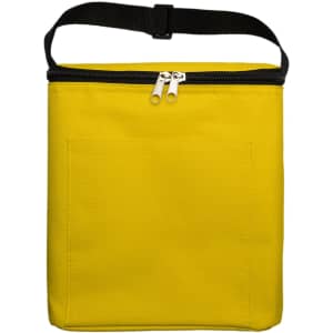 A yellow cooler bag with a zippered top and a black strap, featuring an exterior pocket on the front.