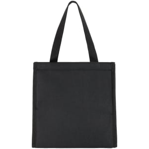 A cooler bag in black with two sturdy handles and a simple, minimalist design. It features a logo on the front.