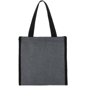 A grey cooler bag with black handles, featuring a simple design and a logo.