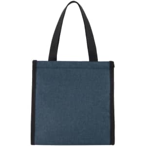 A blue cooler bag with black trim and two handles, featuring a zipper closure and a simple design.