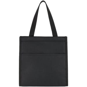 A black cooler bag with a simple design, featuring two front pockets and dual carrying handles.