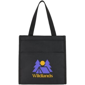 A black cooler bag featuring a logo with trees and a tent design. The bag has two sturdy handles.