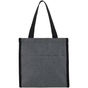 A cooler bag in dark grey with black accents, featuring a front pocket and adjustable straps.
