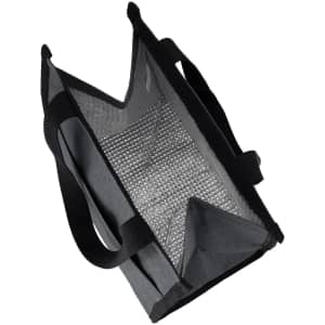 A grey cooler bag with a reflective interior and sturdy handles, featuring a logo on the front.