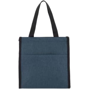 A cooler bag in dark blue with black accents and handles, featuring a zippered closure and a front pocket.
