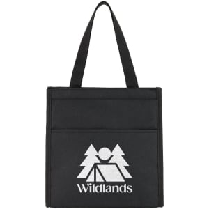 A black cooler bag featuring a logo and a front pocket, designed for transporting food and drinks.
