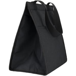 A black cooler bag with a structured design and two handles, featuring a spacious interior.