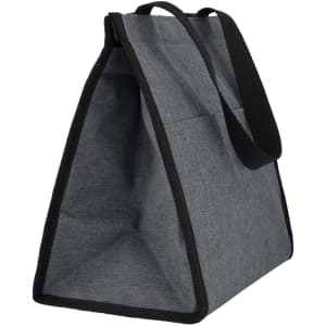 A cooler bag in grey fabric with black trim and handles, featuring an insulated interior.