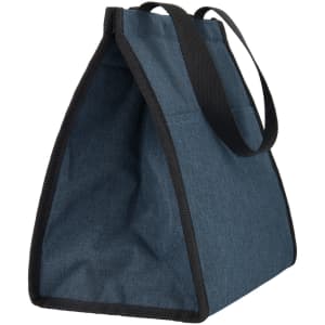 A blue cooler bag with black trim and handles, featuring a spacious interior and a simple design.