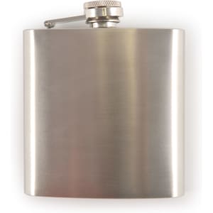 A stainless steel hip flask with a smooth finish and a screw-down cap.