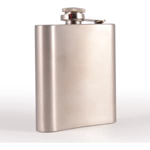 A stainless steel hip flask with a sleek, brushed finish and a screw-top lid.