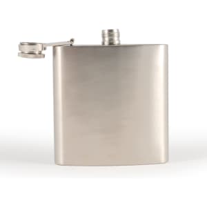 A stainless steel hip flask with a brushed finish and a screw-top cap.