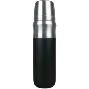 A drink bottle featuring a stainless steel top and a matte black body, equipped with a logo.