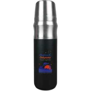 A drink bottle featuring a black body with a silver top, showcasing a branded logo and design.