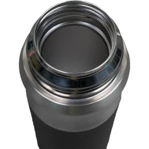 A drink bottle with a sleek stainless steel opening and a matte black exterior, designed for thermal insulation.