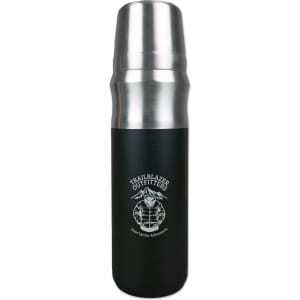 A drink bottle with a stainless steel top and a matte black body, featuring a logo.