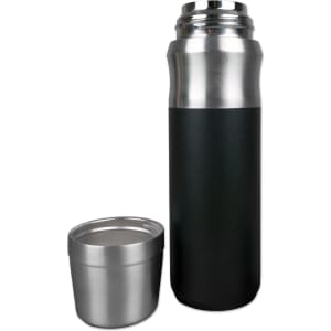 A drink bottle featuring a sleek, black exterior and stainless steel accents, accompanied by a matching cup.