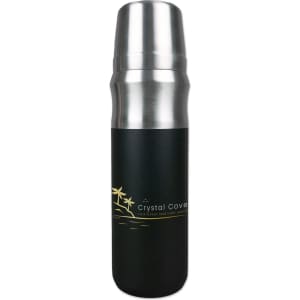 A drink bottle with a sleek black exterior and a silver metal top, featuring a logo design.