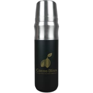 A drink bottle with a black body and stainless steel cap, featuring a logo on the front.