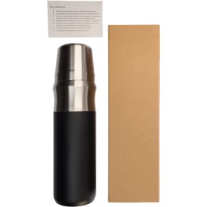 A drink bottle in black with a stainless steel lid, accompanied by a plain kraft box and an information card.