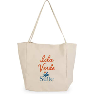 A beige tote bag with a logo and the text "Isla Verde" in orange and blue.