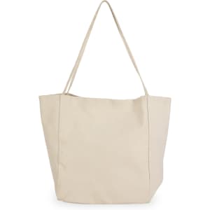 A roomy beige tote bag with long handles and a simple design. It features a logo on one side.