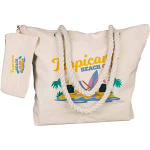 A natural canvas tote bag with rope handles and a tropical beach graphic, featuring a matching pouch.