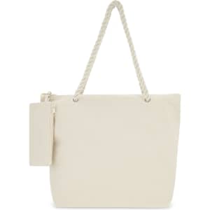 A cream-coloured tote bag with a rope handle and a side pouch. It has a simple, minimalist design.