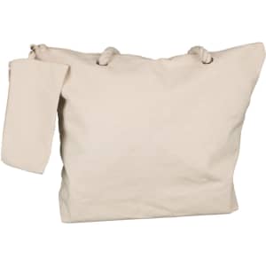 A lightweight, cream-colored canvas tote bag featuring knotted handles and a matching removable pocket.