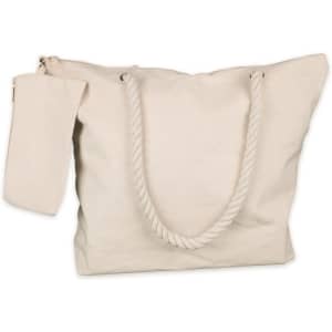 A canvas tote bag with a zippered closure and rope handles, accompanied by a matching small pouch.