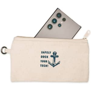 A canvas pouch with a zip closure, featuring the text "SAFELY DOCK YOUR TECH!" and an anchor design, holds a smartphone.