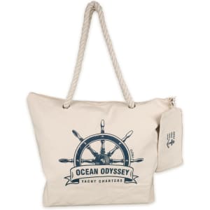 A cream-colored canvas tote bag featuring a nautical design and a rope handle, with a logo attached.