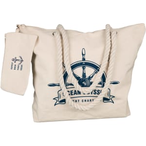 A cream-colored tote bag with blue nautical-themed design and rope handles, featuring a detachable pouch.