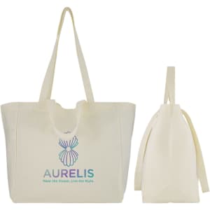 A spacious cream canvas bag with long handles and a logo on the front. Comes with a folded view.